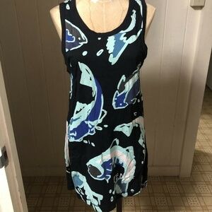 KENZO sz S Black Long Tank Top Side Slits Blue Fish